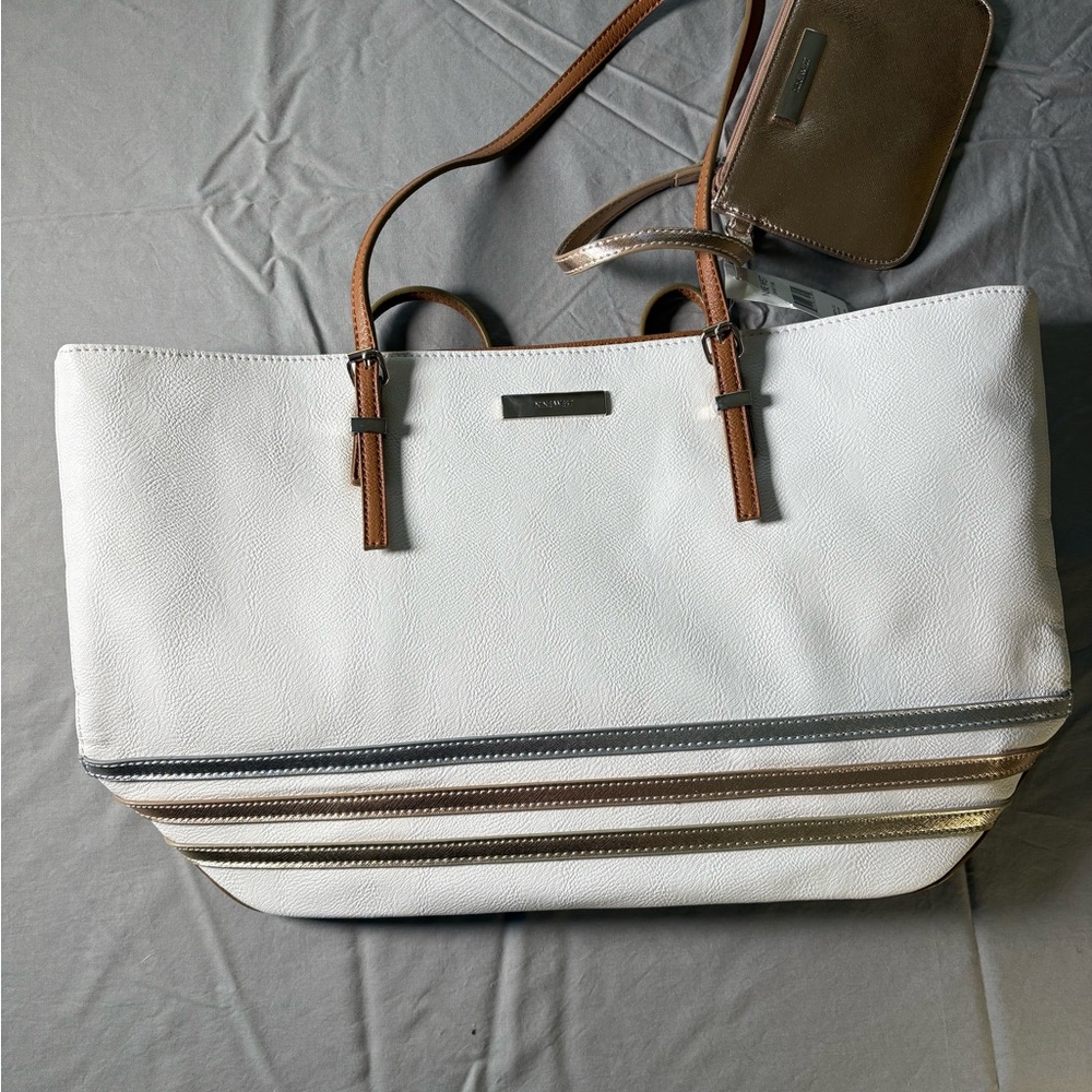 Nine West “Cruise It Girl” White Tote with Brown Straps plus matching pouch